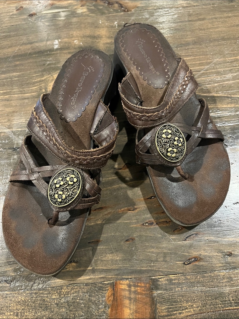 BareTraps Brown Braided Leather Sandal with Decorative Medallion